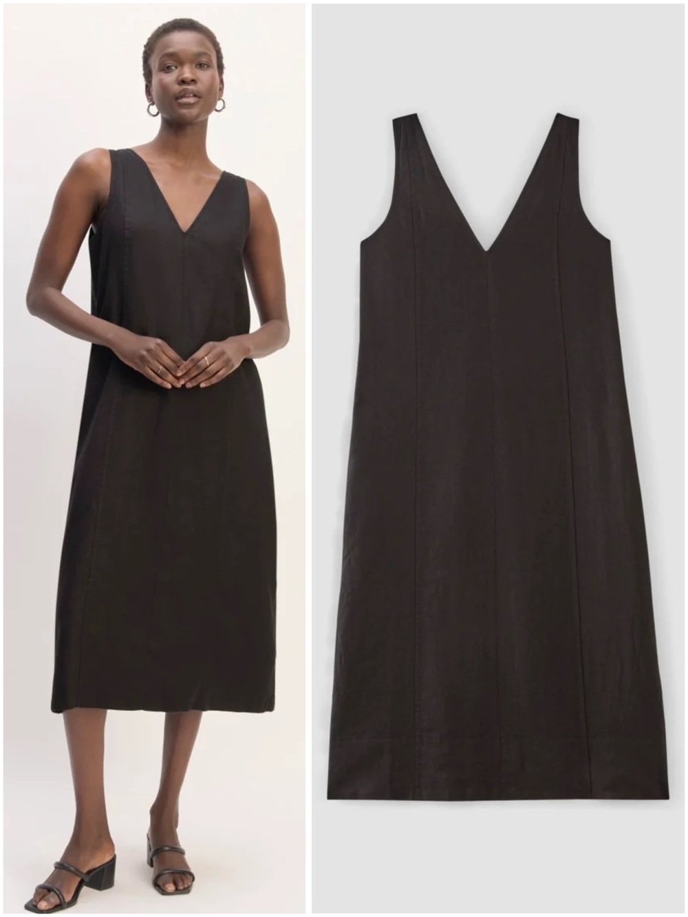 Everlane The Linen V-Neck Midi Dress Black European Flax Sleeveless Size 12 NEW